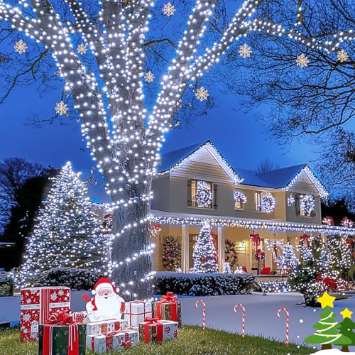 JMEXSUSS 600 LED Solar Christmas Lights Outdoor Waterproof, 206.7ft White Solar Lights Outdoor, 8 Modes White String Light for Yard Patio Tree Gardens Wedding Party Christmas Decor - color: White, size: 600LED*1