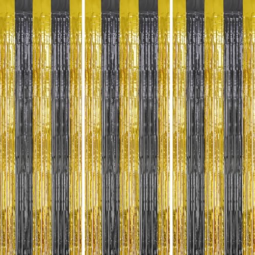 DECOCKRAT 3 Pack Foil Fringe Backdrop - Black&Gold Shiny Tinsel Curtains for Party Decoration/Photo Booth Props - 3.3x8.2 FT Metallic Foil Backdrop for Birthday, Wedding, Graduation, Christmas. - color: Black&Gold