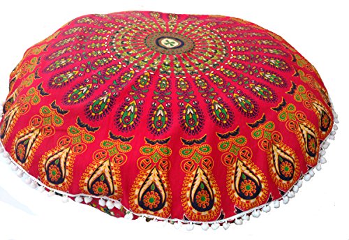 Rastogi Handicrafts 32" COR Mandala Floor Cushion Seating Throw Cover Bohemian Ottoman Poufs, Pom Cases,Boho Indian (RED) - color: Red