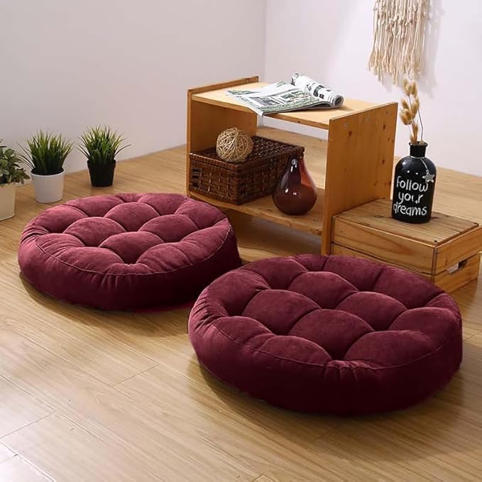 Meditation Floor Pillow Set of 2 Large Round Floor Cushions for Adults Tufted Corduroy Floor Seat Pillows Cushion for Living Room Tatami Yoga,Wine Red 22x22 Inch