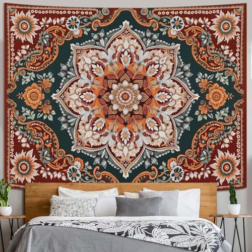 Motanber Vintage Mandala Tapestry Wall Hanging Boho Floral Tapestry Aesthetic Bohemian Flower Hippie Retro Indian Cute Large Tapestries for Bedroom Living Room Dorm Wall Decor 80 x 60 Inch - color: Dark Red Green, size: 80"L x 60"W