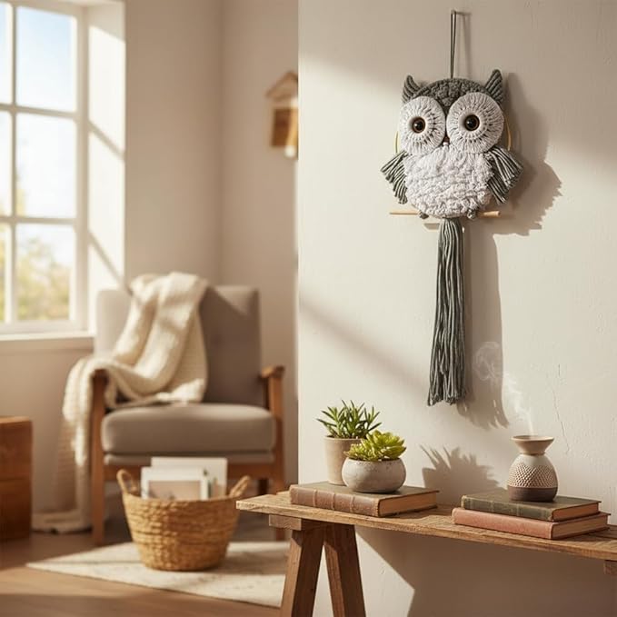 ACEDSGN Macrame Owl Wall Hanging Boho Dream Catcher, Handmade Tapestry Fiber Art Wall Decor for Nursery Bedroom Living Room, Sustainable Gift for Owl Lovers & Nature Fans - Light Gray