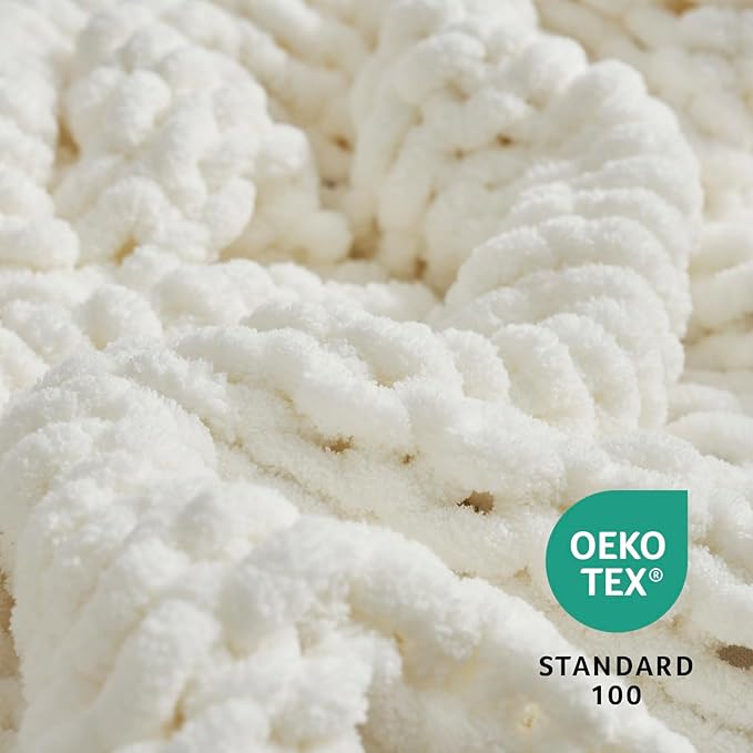 Amélie Home Chunky Knit Throw Blanket for Couch, Soft Chenille Crochet Blanket for Sofa, 50"x60", Ivory