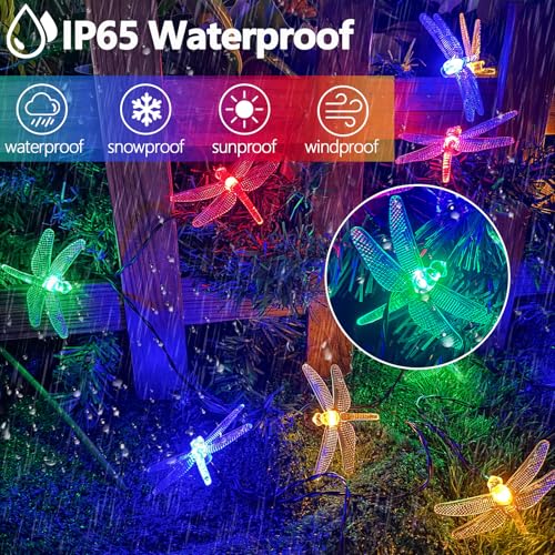 OZS 2PK 40LED 50FT Dragonfly Solar Lights Outdoor Waterproof, Multicolor Solar Fairy Lights with 8 Lighting Modes, Garden Decor for Outside, Pathway Lights for Fence, Patio, Yard - color: Dragonfly-Multicolor