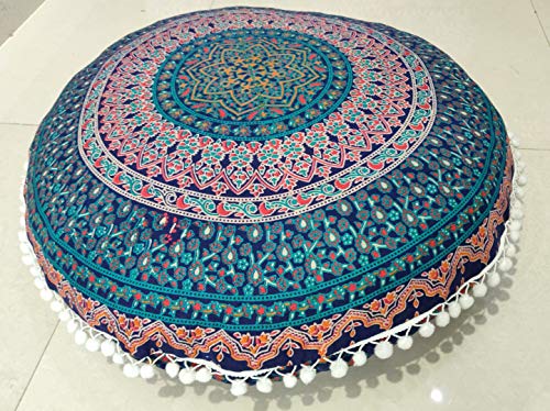 INDIAN CRAFT CASTLE 24" Brown Peacock Mandala Barmeri Large Floor Pillow Cover Cushion Meditation Seating Ottoman Throw Cover Hippie Decorative Zipped Bohemian Pouf Ottoman Pom Pom Cases 24" Round - color: Brown, style: 24 Inch Round