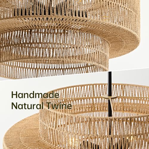 24" Boho Large Rattan Chandelier Light Fixture, 6-Light Large Black Pendant Light Fixture Farmhouse Rustic Chandeliers for Kitchen Bedroom, Dining Room, Living Room, Hallway, Foyer - color: Brown+Black Hardware, size: 24" 6-Light