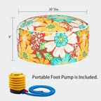 Magpie Fabrics Indoor/Outdoor Inflatable Stool Ottoman Pouf, Water Repellent Round Footrest Footstool with Foot Pump D20 xH9, Portable for Patio Garden Camping, Embry Red Hibiscus