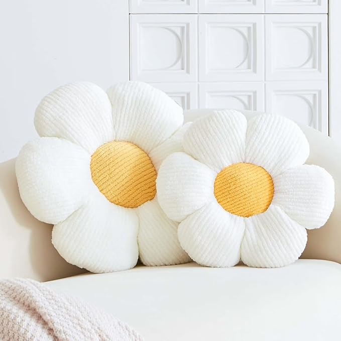 White Flower Decorative Throw Pillows - Cute Daisy Shaped Plush Pillow, Soft 14.9" Floor Seat Cushion