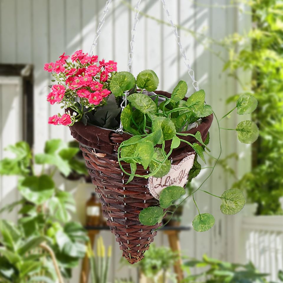 Mikikit Hanging Rattan Cone Basket Chain Wicker Wall Hanging Planter for Decor Boho Style for Flower Pots and Plants