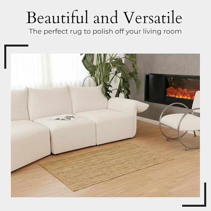 Jute Area Rug - 3x5 Natural Jute Rug with Non-Slip Backing, Low-Profile Farmhouse Rug for Living Room, Bedroom or Rustic Entryway mat, Eco-Friendly Boho Decor, Non-Shed for High-Traffic