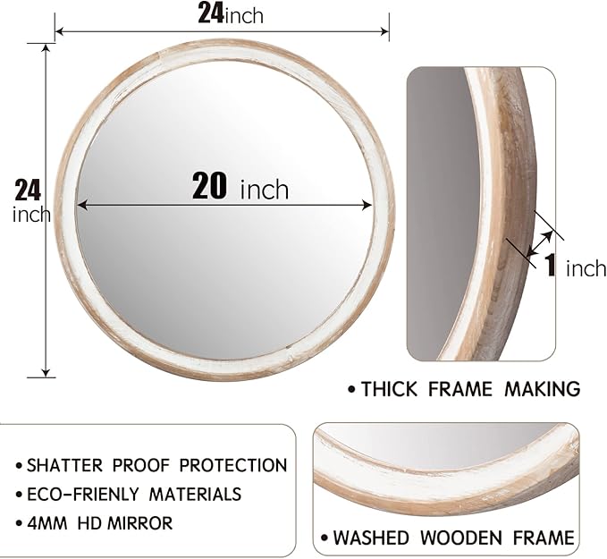 24 Inch Farmhouse Wooden Round Wall Mirror for Home Decor, Rustic Decorative Circle Mirrors for Bathroom Over Sink, Bedroom, Entryway, Living Room, Kithen, Office