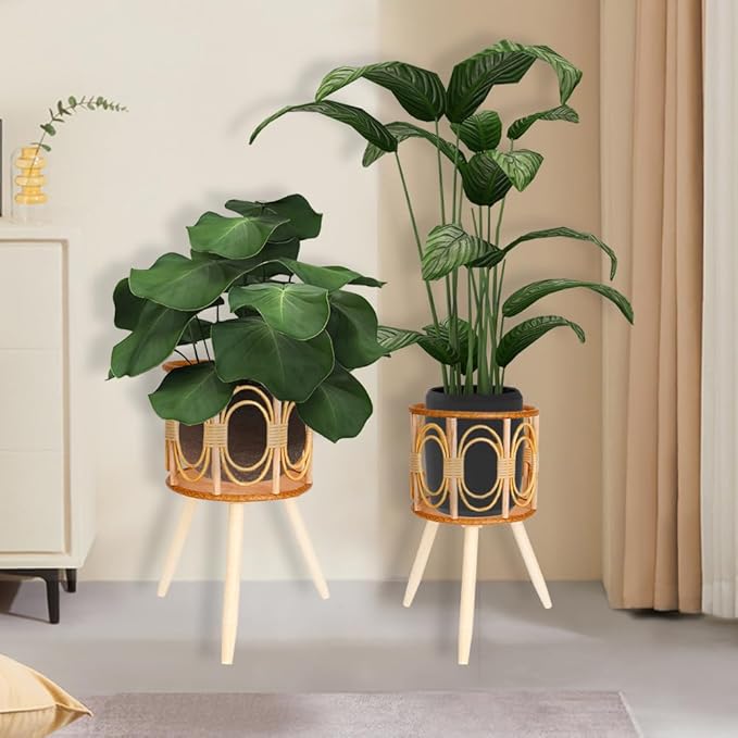 2Pcs Rattan Plant Stand Indoor Planter: Handmade Boho Wricker Plant Stand - Large Floor Planter Riser Mid Century Plant Holder for Flower Pots