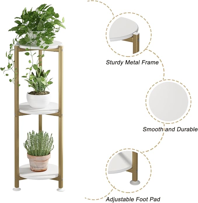 Plant Stand Indoor Outdoor 2 Tier Tall Metal Corner Storage Tiered Plant Shelf Holder Multiple for Living Room Balcony Garden,Black (3 Tier-Gold Round)