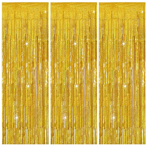 3 Pack Gold Foil Tinsel Backdrop Curtain Birthday Decorations Streamers for Dance Party Photo Booth Props Bachelorette Christmas Halloween New Years Eve Party Supplies - color: Gold