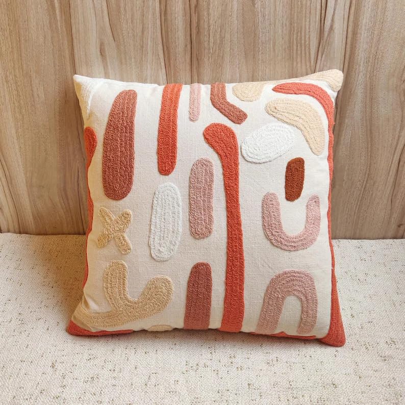 Boho Abstract Tufted Throw Pillow Cover, Neutral Terracotta Blush Pink Beige Embroidery Cushion Cover, Modern Abstract Art Decorative Pillowcase for Sofa Couch Living Room Bedroom, 18x18 Inch (Pillow
