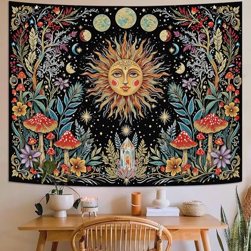 Accnicc Boho Sun and Moon Tapestry Hippie Mushroom Floral Wall Tapestry for Bedroom Aesthetic Vintage Plant Celestial Spiritual Small Tapestries Wall Hanging for Dorm Living Room Decor 60 x 44 Inch - color: Yellow Red, size: 60"L x 44"W