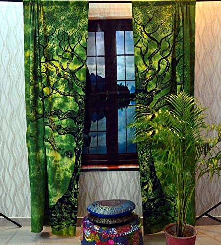 Indian Mandala Tree of Life Cotton Window Door Curtains Hippie Wall Hanging Boho Living Room Door Curtains Dorm Decor Tapestry Gyppsy Wall Drapes, Window Treatment Twin 82 x 52 Inch - color: Yellow & Green, size: 52"W x 82"L (Pack of 1)