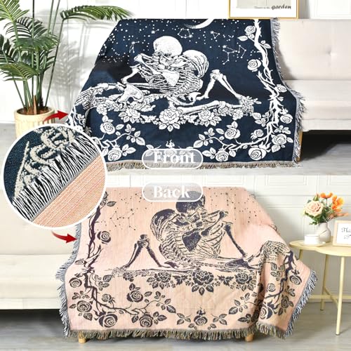 Boho Throw Blanket Reversible Cotton Bohemian Tapestry Hippie Room Decor Double Sided (Boho Skeleton Lover Moon Blue 50"x60") - color: Boho Skeleton Lover Moon Blue, size: 50*60 inch