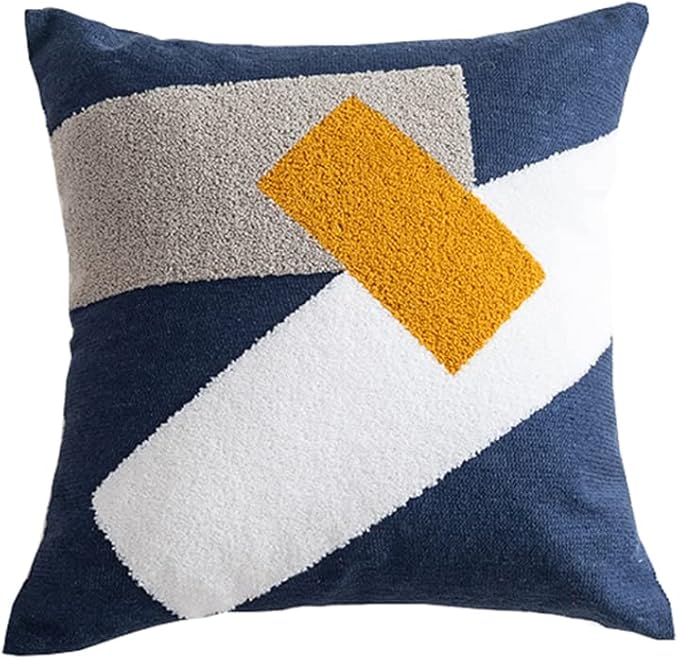 Boho Abstract Tufted Throw Pillow Cover Geometric Embroidered Decorative Pillowcase Farmhouse Cotton Square Accent Cushion Cover for Sofa Couch Bedroom (Type G,18"x18")