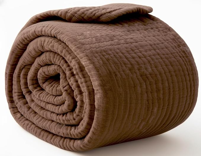 KyraHome Muslin Blankets for Adults Kids, 60"x80" Large 100% Cotton Throw Blanket Plant Dyed Lightweight Breathable Gauze Blanket for Couch, All Season (Brown)