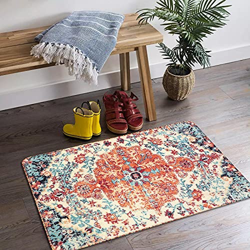 Lahome Reine Bohemian Floral Medallion Area Rug - 2x3 Oriental Distressed Small Bath Rug Country Vintage Doormat Faux Wool Non-Slip Washable Low-Pile Carpet for Bathroom Kitchen Laundry Room Decor - color: Orange/Multi, size: 2' x 3' (Rectangular)