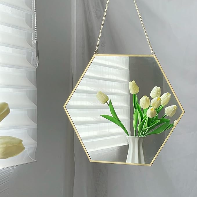 LONGWIN Hanging Wall Hexagon Mirror Decor Gold Geometric Mirror with Chain for Bathroom Bedroom Living Room 9.4"x 8.2"