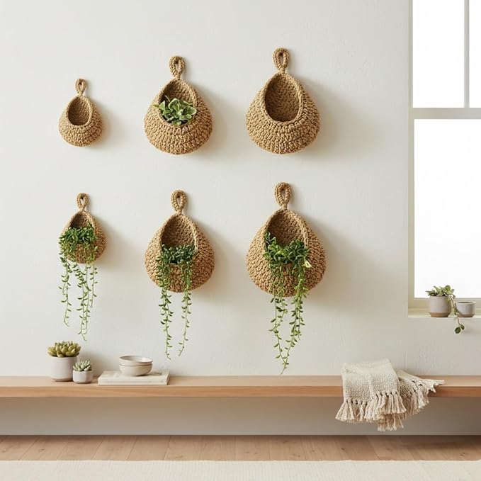 6 Pack Natural Cotton Rope Hanging Basket Hand Woven Wall Mounted Hung Fruit Vegetable Potted Plants Organizer Living Room Kitchen Boho Decor Storage Bags (6 Sizes Brown)