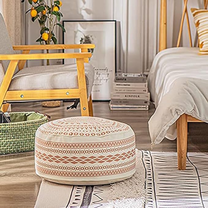 MOCOFO Unstuffed Round Pouf Cover, Boho Geometric Ottoman Footstool Cover with Handle, Decorative Floor Pillow & Storage Bean Bag for Living Room, Nursery, Patio(Red,18x18x8,Cover only)