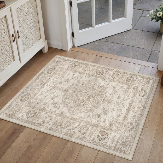 PureCozy Washable Entryway Rug 2x3 Beige Neutral Vintage Door Mat Soft Low Pile Carpet Non Slip Distressed Small Throw Rug for Hallway Kitchen Bedroom Office Bathroom Laundry - color: Beige, size: 2' x 3' (Rectangular)