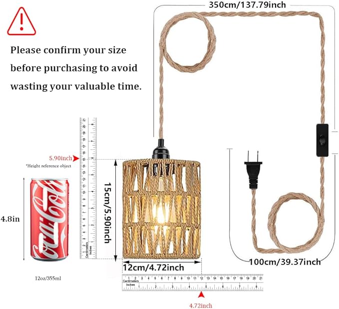 Boho Plug in Pendant Light, Hanging Light with Plug in Cord, Ceiling Lamp Rattan Cylinder Lamp Shade On-Off Switch, Hanging Plant Shelf Shelves Bohemian Decor for Bedroom Living Room Corner