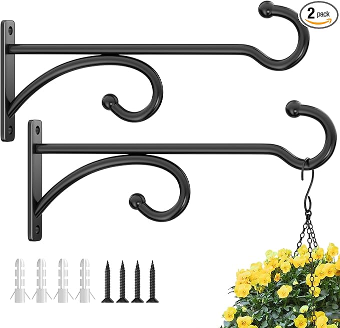8-Inch Planter Hooks for Hanging Plants - Plant Hanger Hook Indoor Outdoor, Plant Wall Hooks, Brackets for Hanging Plants, Baskets, Wind Chime, Bird Feeder, Bird House (Black, Metal, 2 Pack)