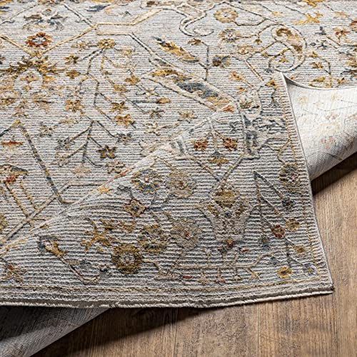 Hauteloom Kunzite Living Room, Bedroom Area Rug - Floral Medallion Border Distressed Leaf - Traditional Oushak Oriental Turkish Transitional - Denim, Light Gray, Cream, Gray, Beige - 2' x 2'11" - color: Denim, Light Gray, Cream / Bornova, size: 1'11" x 2'