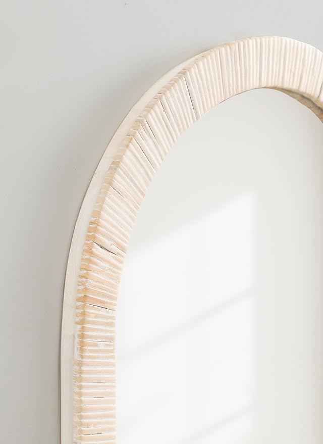 Kate and Laurel Rahfy Boho Arched Rattan Mirror, 20 x 30, White, Decorative Arch Wall Mirror with Authentic Rattan Frame for Vanity Bathroom Mirror