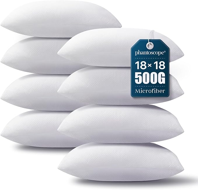 Phantoscope Pillow Inserts, Hypoallergenic 100% Virgin Fiber Square Form Microfiber Throw Pillow Inserts, Couch Bed Pillows 45x45 cm, 18x18 Inch (Pack of 8)