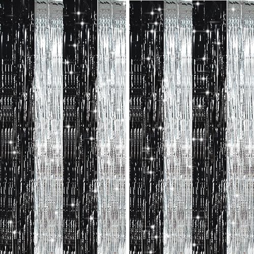 TONIFUL Silver Black Door Streamers,Silver and Black Photo Booth Backdrop Metallic Streamers Foil Fringe Curtain for Birthday,New Year,Graduation,Grad,Bachelorette Party Streamers Decoration - color: Black Silver Gold