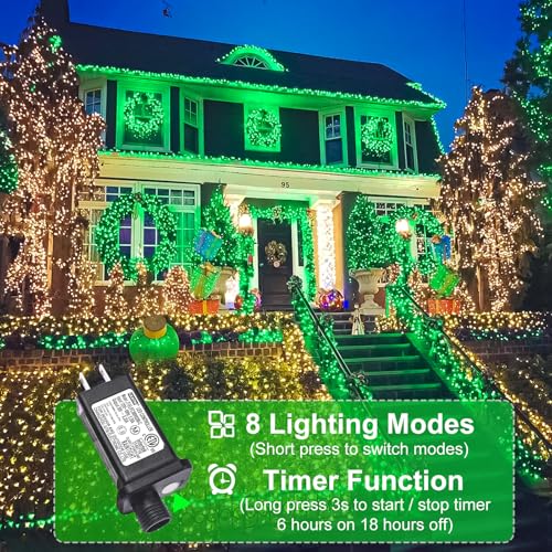 2 Pack Christmas Lights Outdoor, Total 200FT 600LED String Lights for Outside with 8 Modes Waterproof, Green Wire Twinkle Tree Lights Green Wire for Indoor Yard Garden Party Decorations, Green - color: Green, size: 200FT 600LED