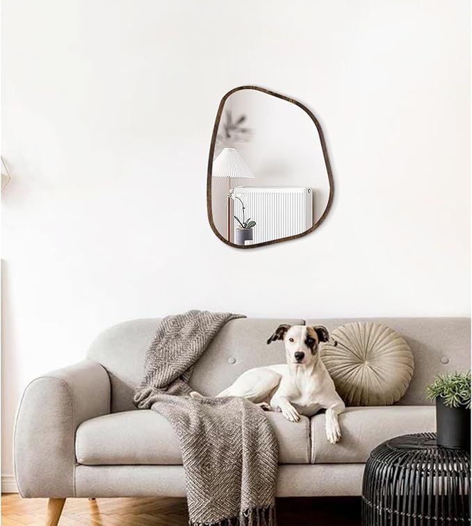Asymmetrical Accent Mirror for Wall Irregular Oval Wood Frame Modern Unique Wall Mirrors Decorative Boho Vanity Bathroom Living Room Bedroom Entryway Hallway Artistic Wavy Mirror Small 16"x12"