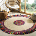 SAFAVIEH Cape Cod Collection Area Rug - 3' Round, Ivory & Red, Handmade Boho Fringe Jute & Cotton, Ideal for High Traffic Areas in Living Room, Bedroom (CAP205A)