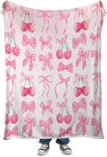 Pink Cherry Bow Throw Blanket Back to School Decorations Soft Dorm Room Essentials Gifts for Students Girls Boys Lightweight Coquette Bow Cherry Aesthetic Blanket for Couch Sofa Bed 70"x80"