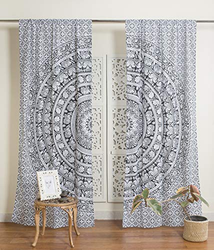 Popular Handicrafts Indian Hippie Bohemian Beautiful Elephant Mandala Curtain Panels Black and White - color: Black and White, size: 38"W x 83"L (Pack of 2)