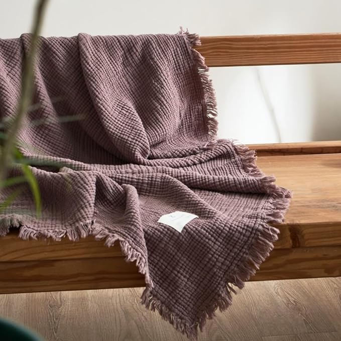 100% Cotton 4-Layer Muslin Blanket with Fringes, 80"x90", Dusty Mauve Bed Blanket, Ultra-Soft Gauze Boho Bedding for All Seasons, Breathable for Couch, Bed(Dusty Mauve,Queen)
