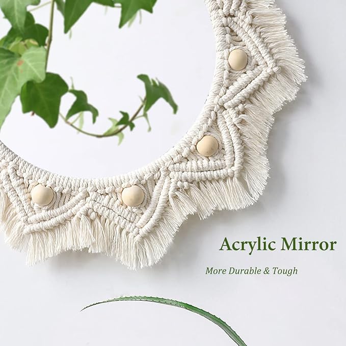 Artilady Macrame Hanging Wall Mirror - Boho Fringe Round Handmade Decorative Acrylic Mirror for Apartment Living Room Bedroom Baby Nursery Home Decor (Wood Beads)