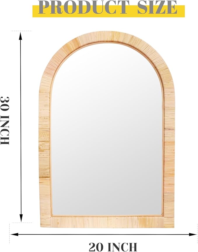 Rattan Mirror,Arch Boho Bathroom Mirror for Wall,20x30 Wicker Vanity Mirror for Nursery Décor,Coastal Farmhouse Wood Mirror for Bedroom Entryway Living Room