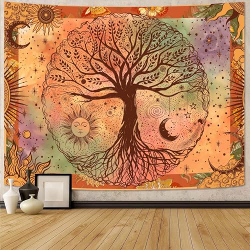 Lifeel Boho Orange Tree of Life Tapestry, Sun Moon Stars Aesthetic Nature Tapestries Home Decor for Living Room Bedroom, 60x80 inches - color: Orange, size: 80"L x 60"W