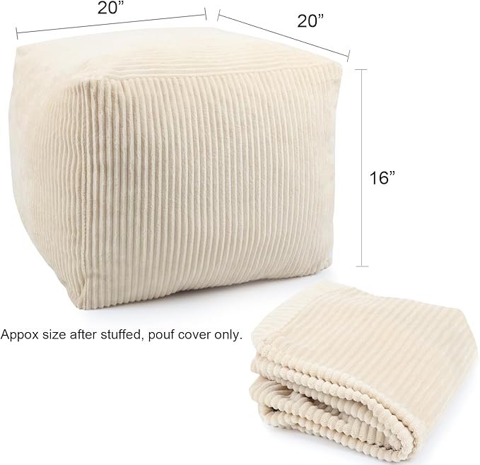 Sexysamba Square Corduroy Pouf Cover Only, 20"x 16" Unstuffed Decorative Ottoman Foot Stool Rest, Washable Storage Bean Bag Chair Floor Pouf Covers for Living Room Bedroom, Beige