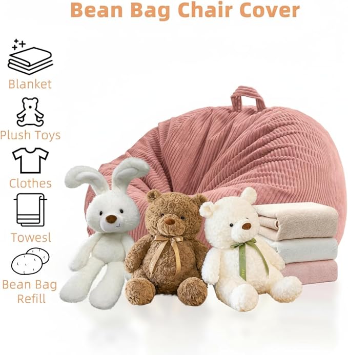 Stuffed Animal Storage Bean Bag Chair Cover (No Filler),Large Toy Storage Organizer & Comfy Kids Sofa Chair for Playroom, Teens Adults Toddler - Corduroy (Pink, Cover Only)