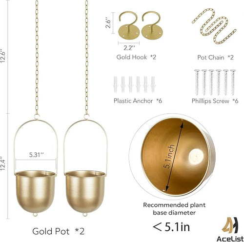 AceList Boho Hanging Planter, Set of 2 Gold Metal Plant Hanger with Hooks and Chains, Modern Wall & Ceiling Planters Outdoor/Indoor Hanging Planter for Window, Porch, Balcony and Home Décor