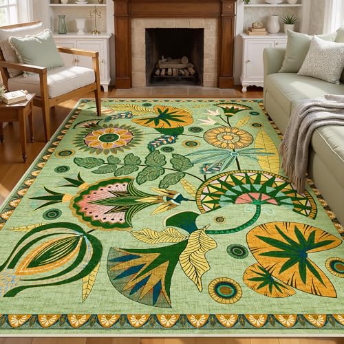 Joydeco Egypt Floral Boho Washable 5x7 Rug for Bedroom Nursery, Sage Green Vintage Living Room Playroom Area Rug Non Slip, Colorful Throw Carpet for Dining Room Kitchen Entryway Dorm - color: Sage Green, size: 5' x 7' (Rectangular)