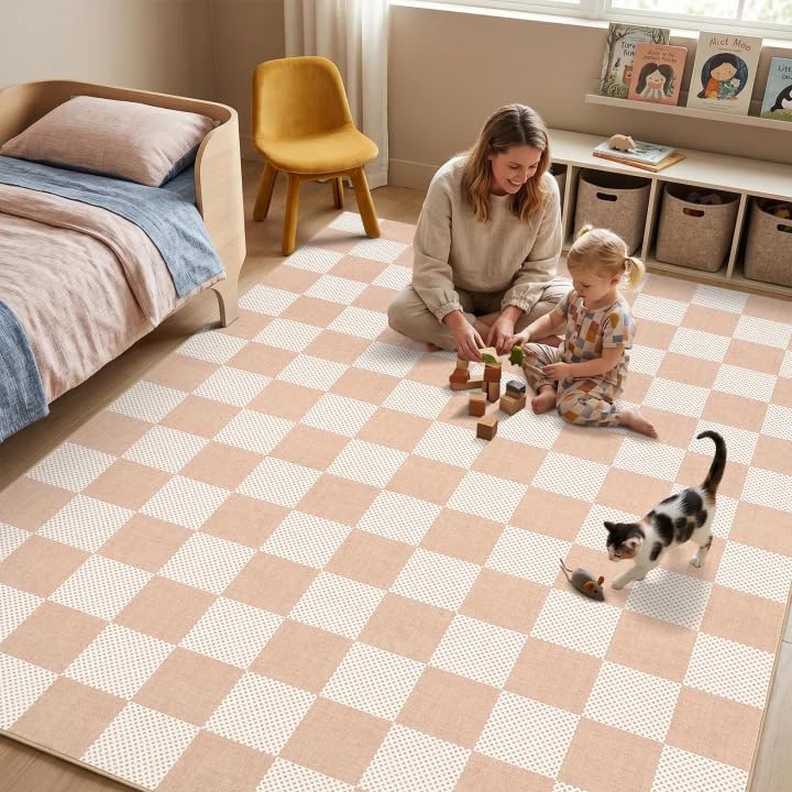 GarveeHome Checkered Blush Beige Neutral Nursery Kids Playroom 3x5 Washable Rug Geometric Modern Soft Low-Pile Stain Resistant Small Rug for Bedroom Entryway Non-Slip TPE Backing - color: Blush Beige, size: 3' x 5' (Rectangular)