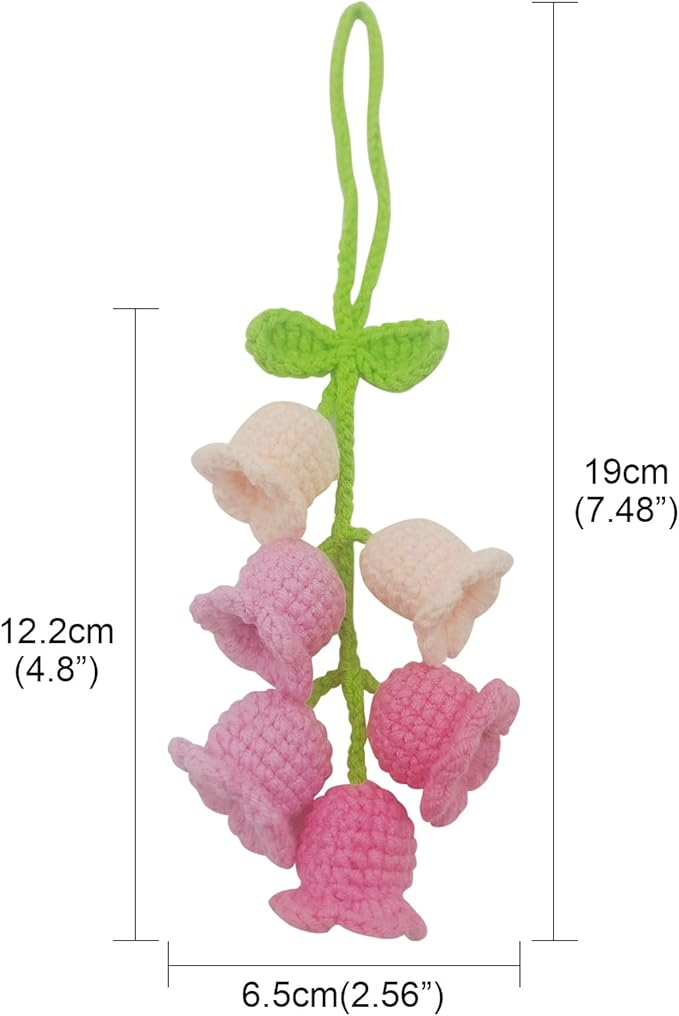 Car Rearview Mirror Hanging Ornament, Crochet Flower Basket Plant Accessories, Handmade Knitted Car Ornament Boho Accessories for Women (Lily of The Valley(Pink))